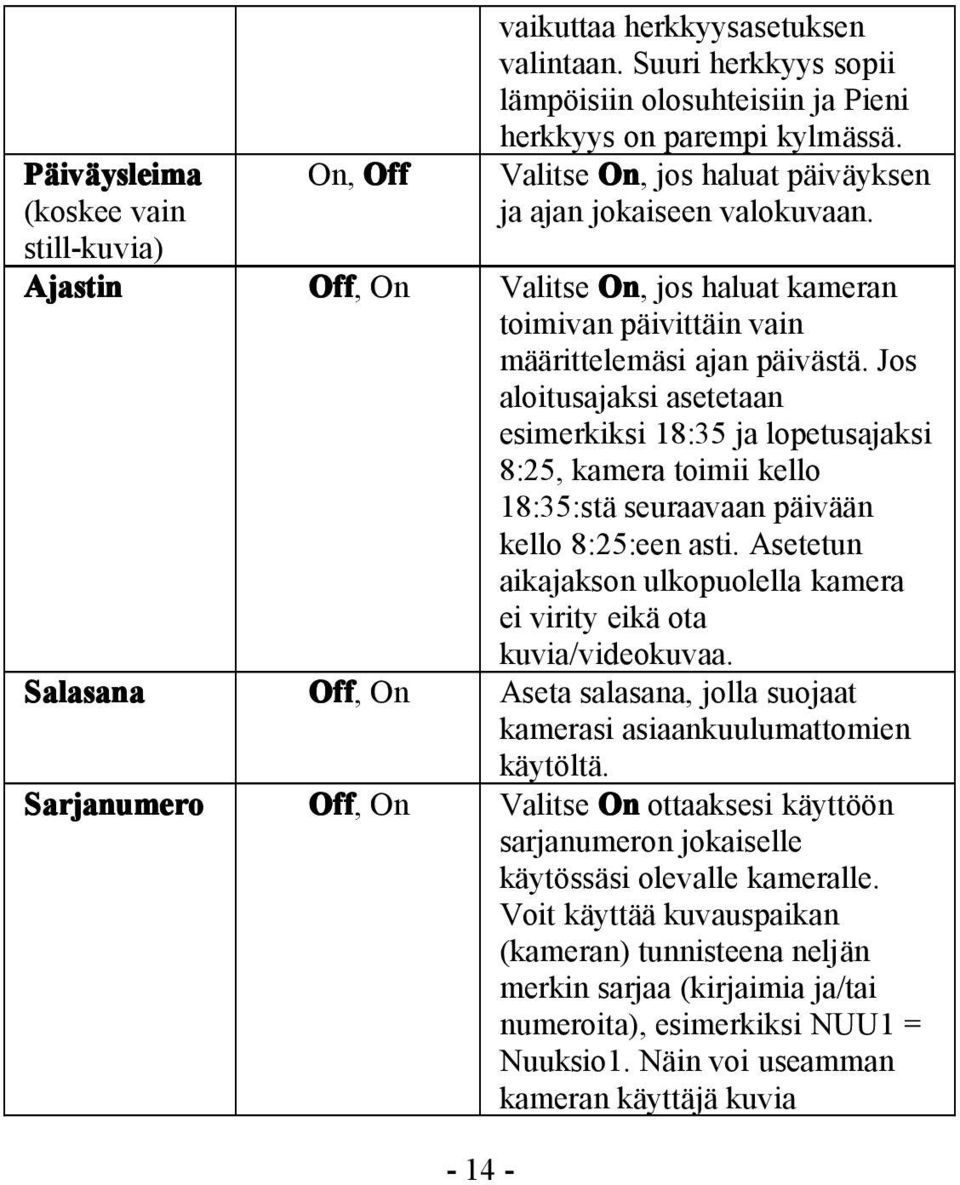 Valitse On, jos haluat kameran toimivan päivittäin vain määrittelemäsi ajan päivästä.