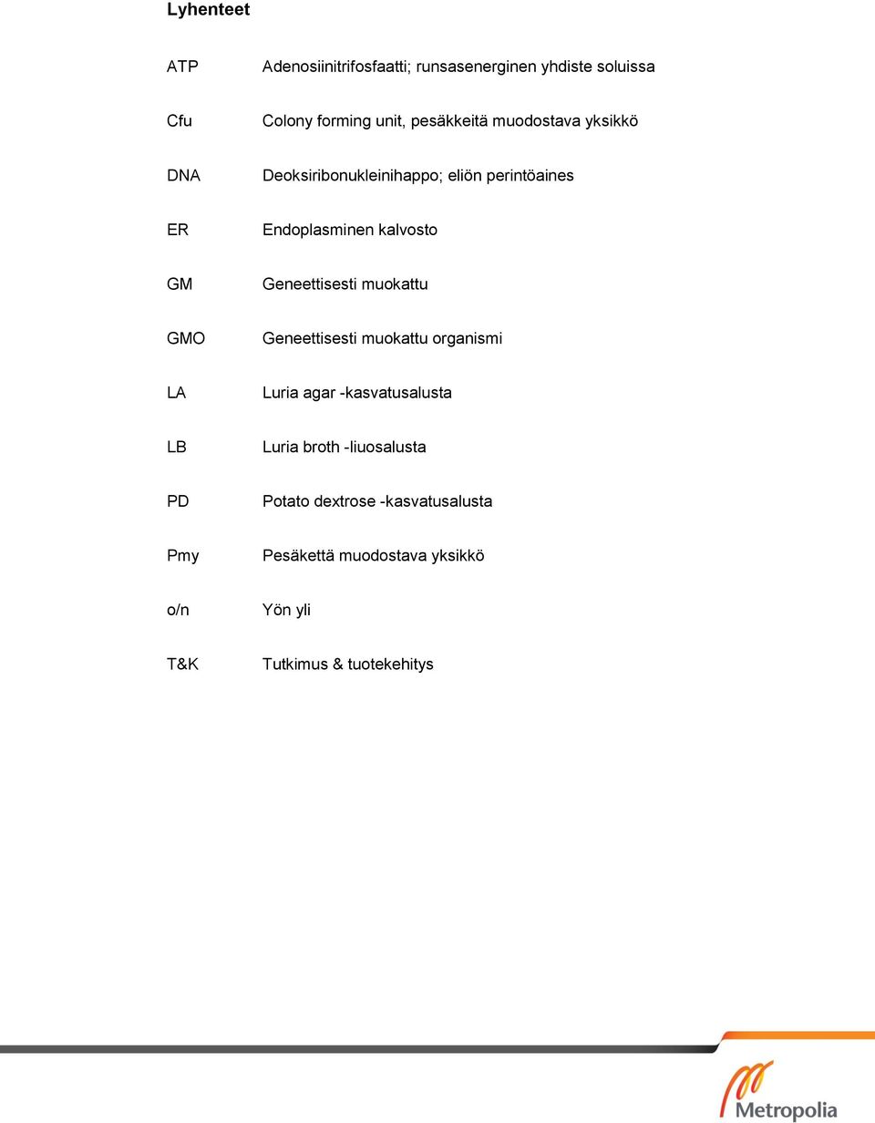 Geneettisesti muokattu GMO Geneettisesti muokattu organismi LA Luria agar -kasvatusalusta LB Luria broth
