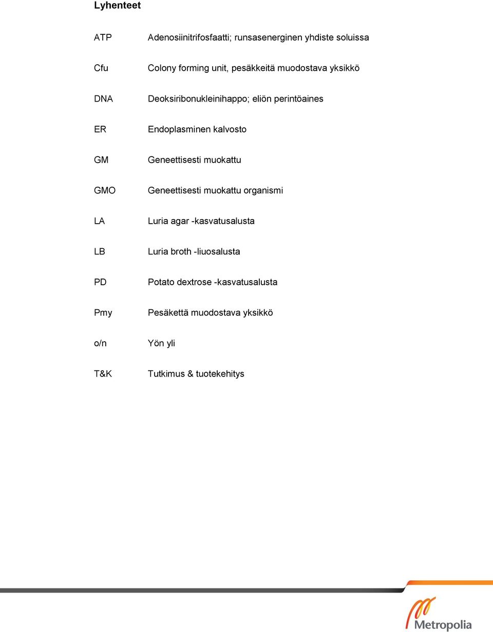 Geneettisesti muokattu GMO Geneettisesti muokattu organismi LA Luria agar -kasvatusalusta LB Luria broth