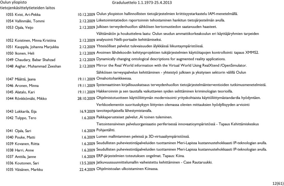 Välttämätön ja houkutteleva laatu: Oulun seudun ammattikorkeakoulun eri käyttäjäryhmien tarpeiden 1051 Kauppila, Johanna Marjukka 2.12.