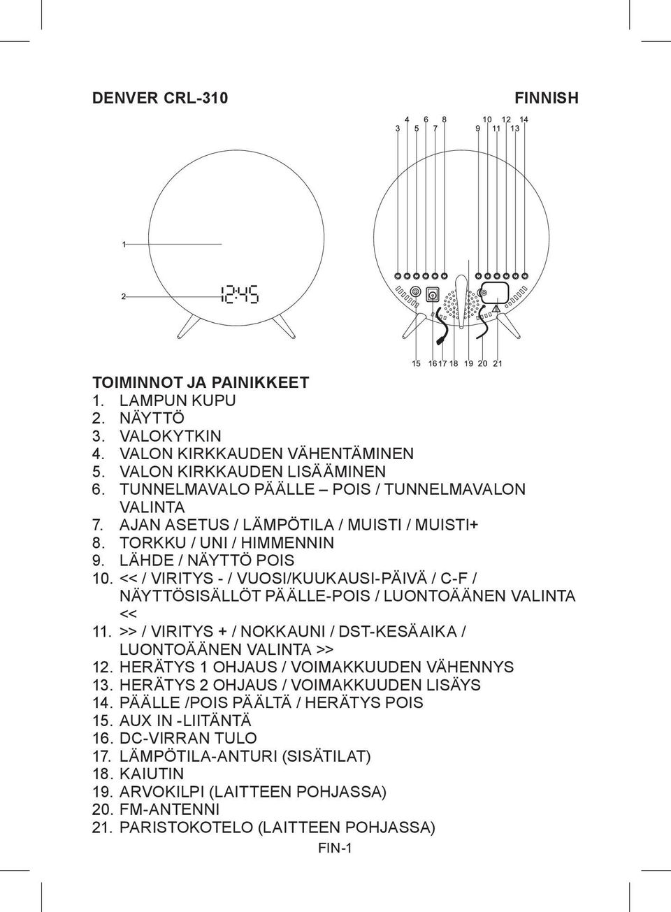 << / VIRITYS - / VUOSI/KUUKAUSI-PÄIVÄ / C-F / NÄYTTÖSISÄLLÖT PÄÄLLE-POIS / LUONTOÄÄNEN VALINTA << 11. >> / VIRITYS + / NOKKAUNI / DST-KESÄAIKA / LUONTOÄÄNEN VALINTA >> 12.