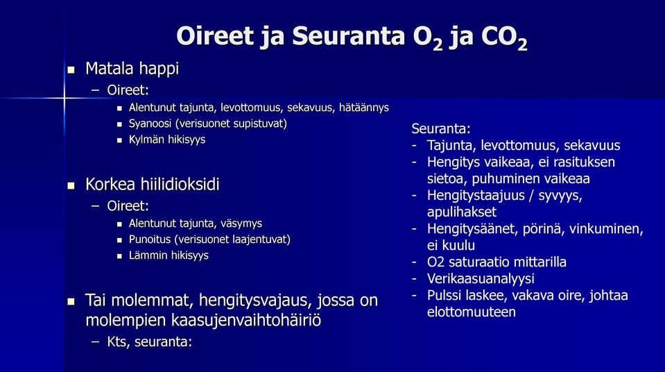 kaasujenvaihtohäiriö Kts, seuranta: Seuranta: - Tajunta, levottomuus, sekavuus - Hengitys vaikeaa, ei rasituksen sietoa, puhuminen vaikeaa - Hengitystaajuus