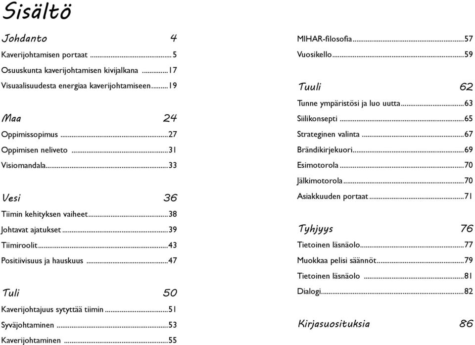 ..47 Tuli 50 Kaverijohtajuus sytyttää tiimin...51 Syväjohtaminen...53 Kaverijohtaminen...55 MIHAR-filosofia...57 Vuosikello...59 Tuuli 62 Tunne ympäristösi ja luo uutta.