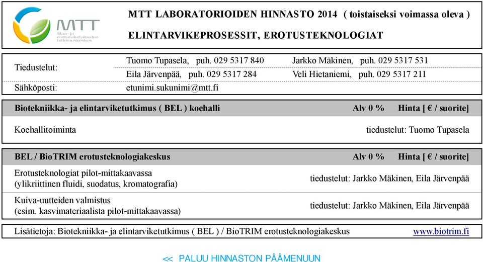 fi Biotekniikka- ja elintarviketutkimus ( BEL ) koehalli Hinta [ / suorite] Koehallitoiminta tiedustelut: Tuomo Tupasela BEL / BioTRIM erotusteknologiakeskus Erotusteknologiat