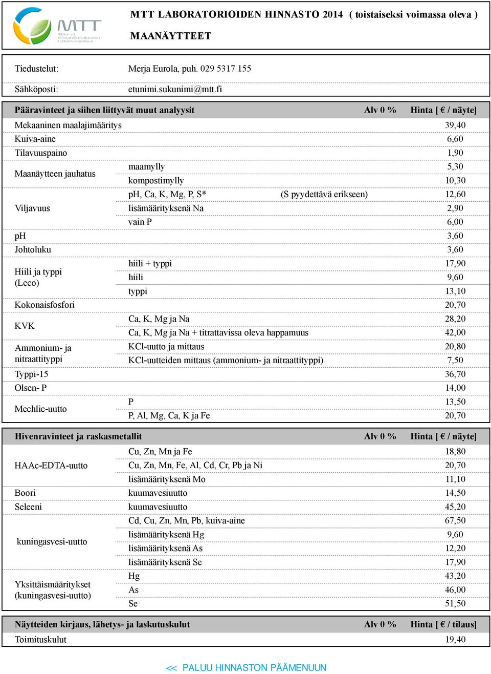 P, S* (S pyydettävä erikseen) 12,60 lisämäärityksenä Na 2,90 vain P 6,00 ph 3,60 Johtoluku 3,60 Hiili ja typpi (Leco) hiili + typpi 17,90 hiili 9,60 typpi 13,10 Kokonaisfosfori 20,70 KVK Ammonium- ja