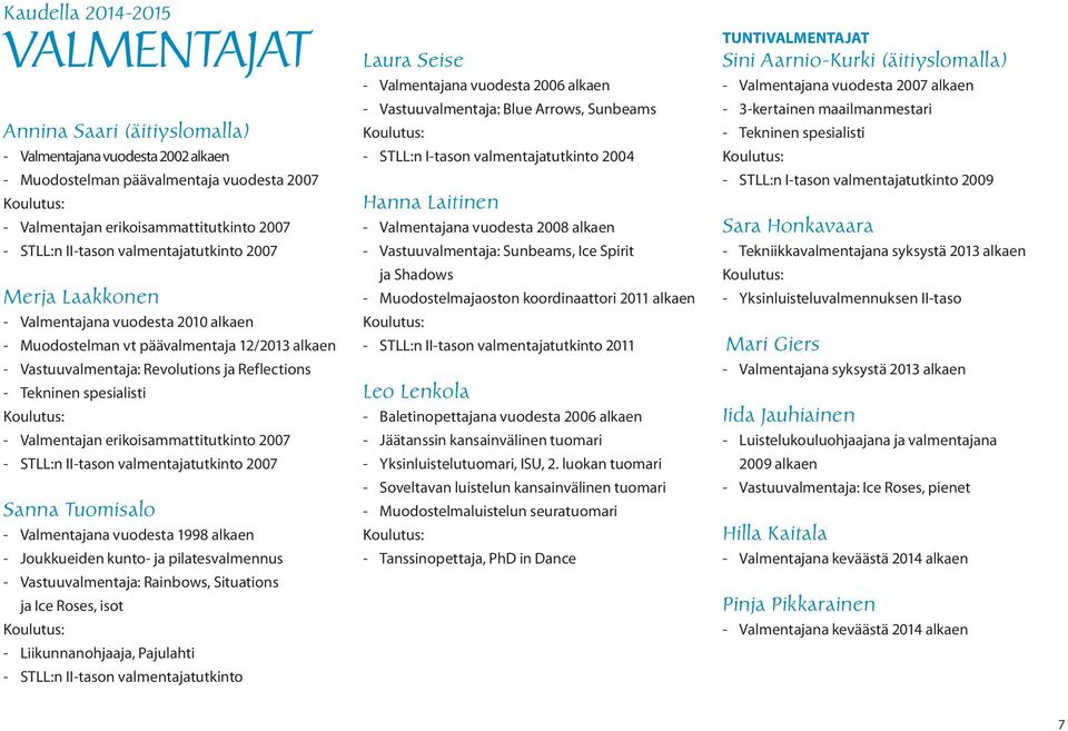 spesialisti Koulutus: - Valmentajan erikoisammattitutkinto 2007 - STLL:n II-tason valmentajatutkinto 2007 Sanna Tuomisalo - Valmentajana vuodesta 1998 alkaen - Joukkueiden kunto- ja pilatesvalmennus