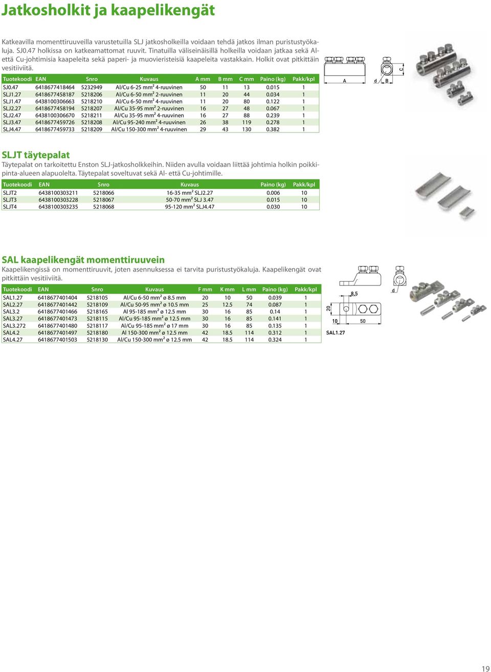 Tuotekoodi EAN Snro Kuvaus A mm B mm C mm Paino (kg) Pakk/kpl SJ0.47 6418677418464 5232949 Al/Cu 6-25 mm² 4-ruuvinen 50 11 13 0.015 1 SLJ1.