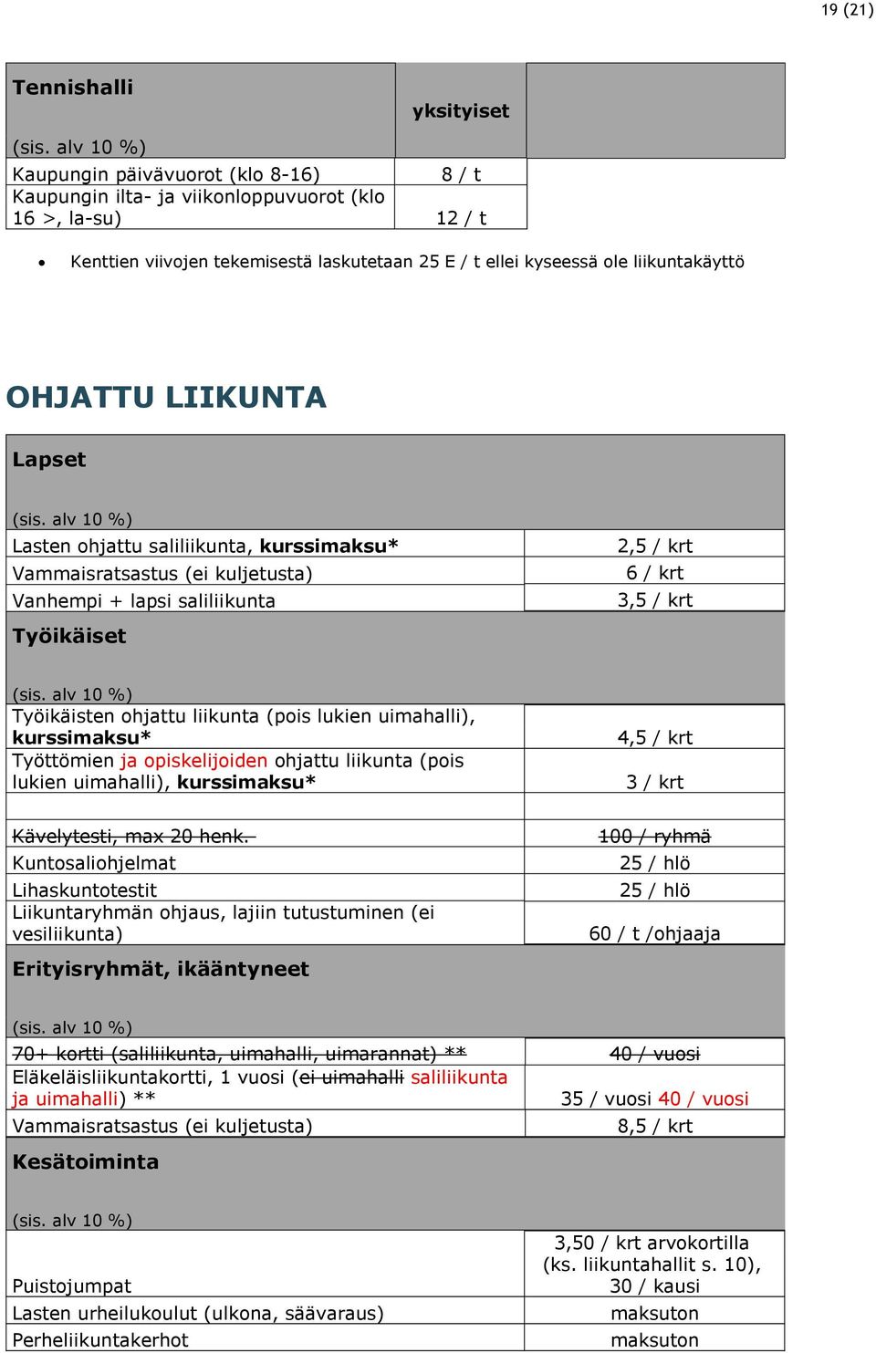 OHJATTU LIIKUNTA Lapset (sis. alv 10 %) Lasten ohjattu saliliikunta, kurssimaksu* Vammaisratsastus (ei kuljetusta) Vanhempi + lapsi saliliikunta Työikäiset 2,5 / krt 6 / krt 3,5 / krt (sis.