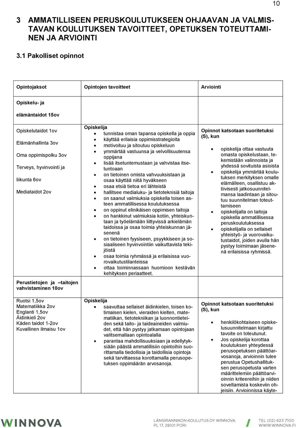 Mediataidot 2ov Perustietojen ja taitojen vahvistaminen 10ov Ruotsi 1,5ov Matematiikka 2ov Englanti 1,5ov Äidinkieli 2ov Käden taidot 1-2ov Kuvallinen ilmaisu 1ov Opiskelija tunnistaa oman tapansa