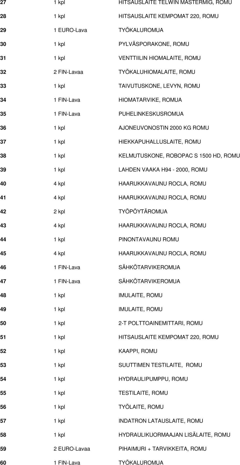 38 1 kpl KELMUTUSKONE, ROBOPAC S 1500 HD, ROMU 39 1 kpl LAHDEN VAAKA H94-2000, ROMU 40 4 kpl HAARUKKAVAUNU ROCLA, ROMU 41 4 kpl HAARUKKAVAUNU ROCLA, ROMU 42 2 kpl TYÖPÖYTÄROMUA 43 4 kpl HAARUKKAVAUNU