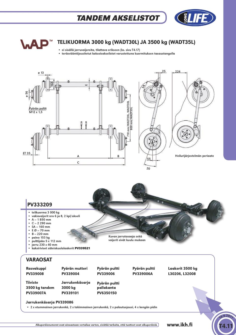 Heilurijärjestelmän periaate 20 PV333209 telikuorma 3 000 kg vakiovaijerit nro 6 ja 8, 2 kpl/akseli A = 1 850 C = 2 290 SA = 160 E Ø = 70 B = 220 paino 153 kg pulttijako 5 x 112 jarru 230 x 40