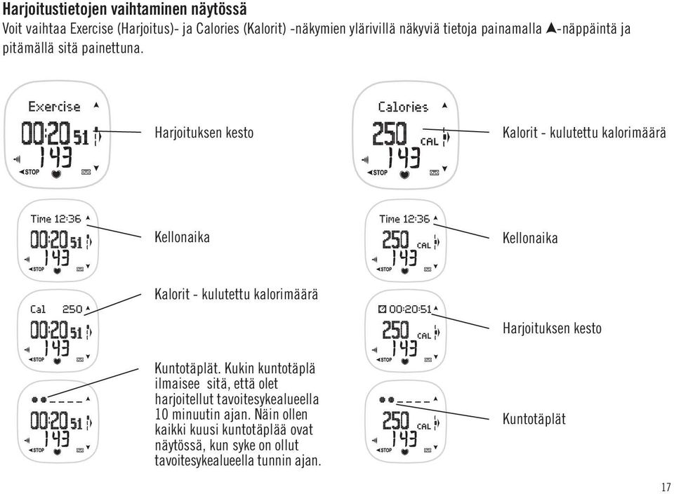 -näppäintä ja Harjoituksen kesto Kalorit - kulutettu kalorimäärä Kellonaika Kellonaika Kalorit - kulutettu kalorimäärä Harjoituksen