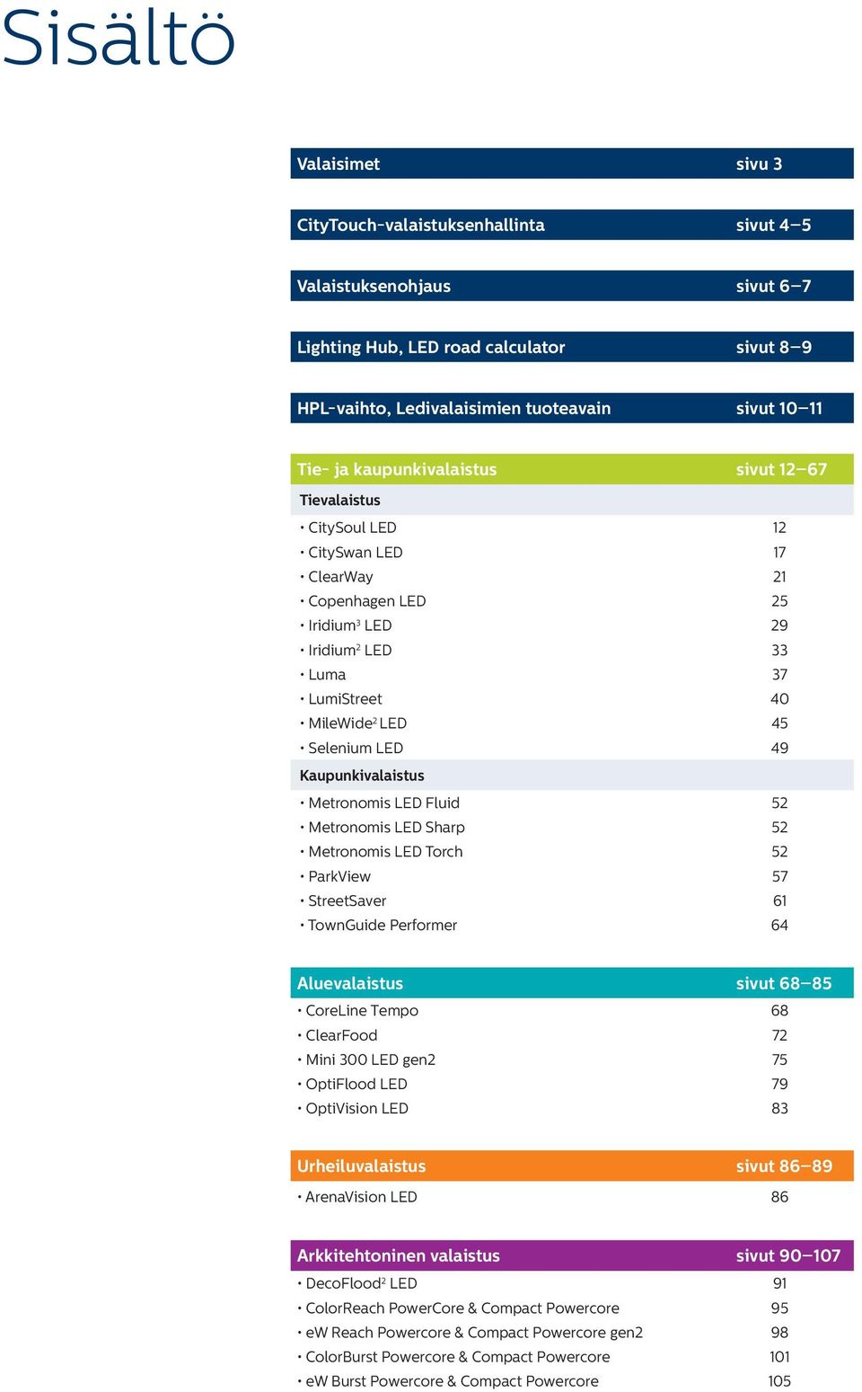 Kaupunkivalaistus Metronomis LED Fluid 52 Metronomis LED Sharp 52 Metronomis LED Torch 52 ParkView 57 StreetSaver 61 TownGuide Performer 64 Aluevalaistus sivut 68 85 CoreLine Tempo 68 ClearFood 72