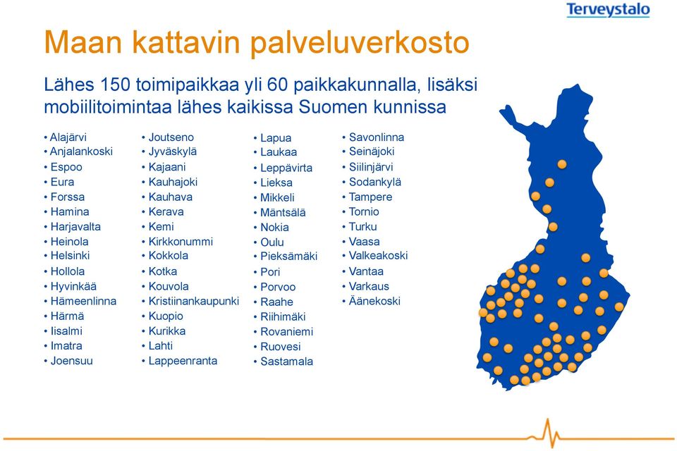 Kemi Kirkkonummi Kokkola Kotka Kouvola Kristiinankaupunki Kuopio Kurikka Lahti Lappeenranta Lapua Laukaa Leppävirta Lieksa Mikkeli Mäntsälä Nokia Oulu