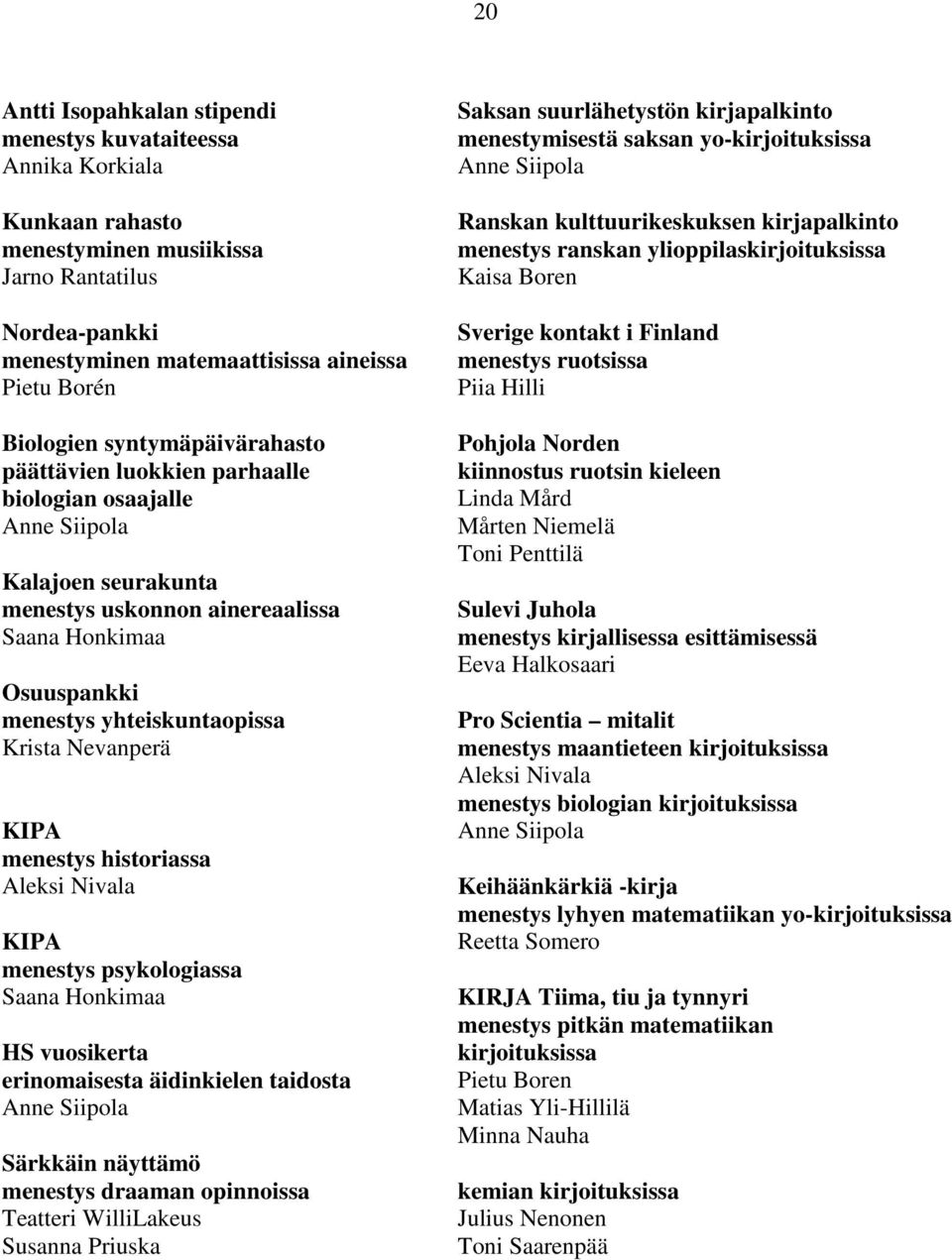 Nevanperä KIPA menestys historiassa Aleksi Nivala KIPA menestys psykologiassa Saana Honkimaa HS vuosikerta erinomaisesta äidinkielen taidosta Anne Siipola Särkkäin näyttämö menestys draaman