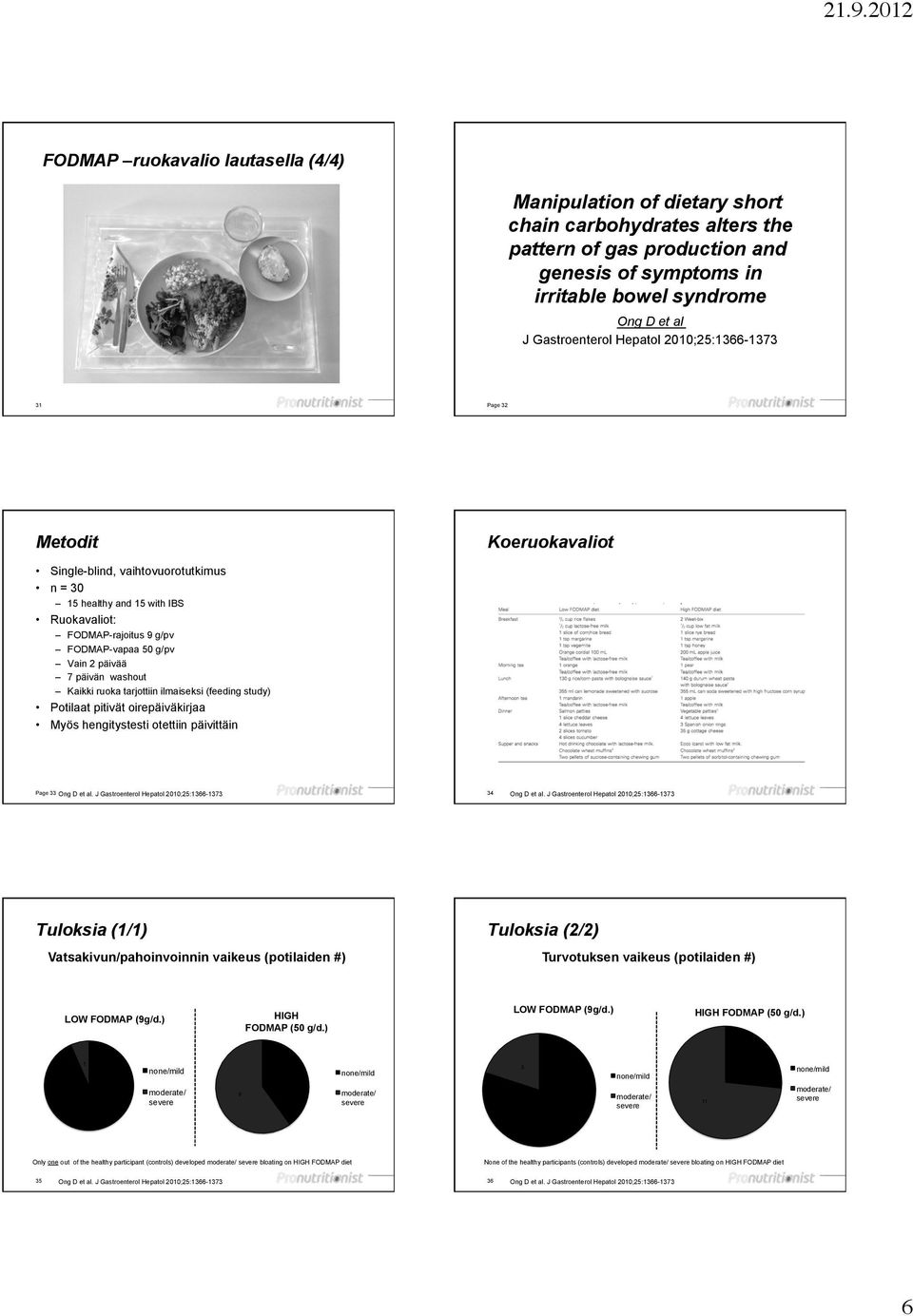 Vain 2 päivää 7 päivän washout Kaikki ruoka tarjottiin ilmaiseksi (feeding study) Potilaat pitivät oirepäiväkirjaa Myös hengitystesti otettiin päivittäin Page 33 Ong D et al.