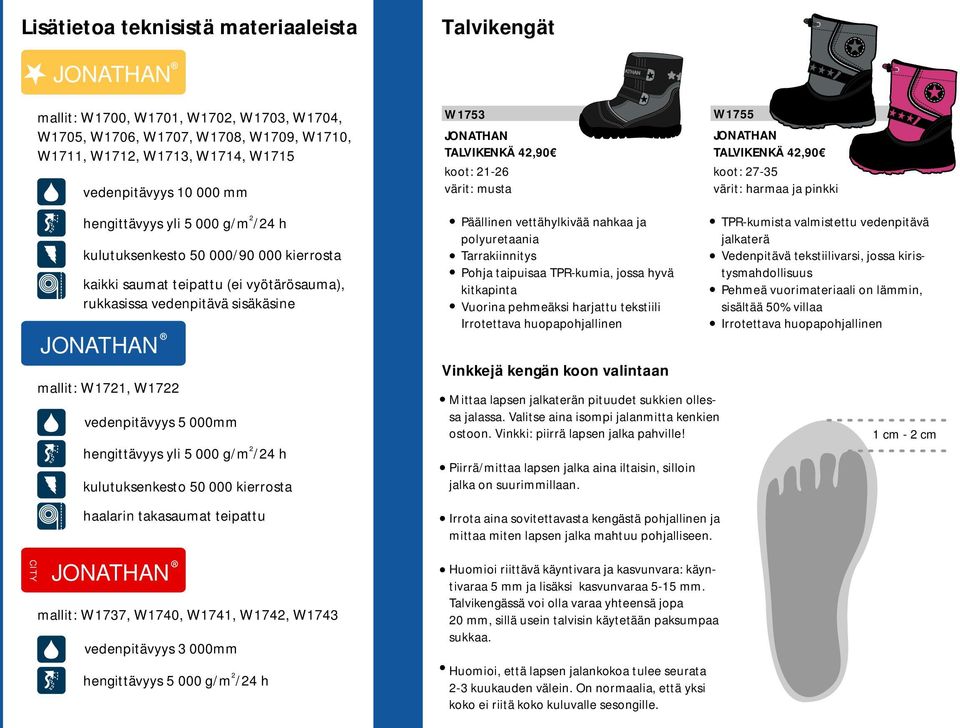 vyötärösauma), rukkasissa vedenpitävä sisäkäsine mallit: W1721, W1722 vedenpitävyys 5 000mm 2 hengittävyys yli 5 000 g/ m /24 h kulutuksenkesto 50 000 kierrosta haalarin takasaumat teipattu mallit: