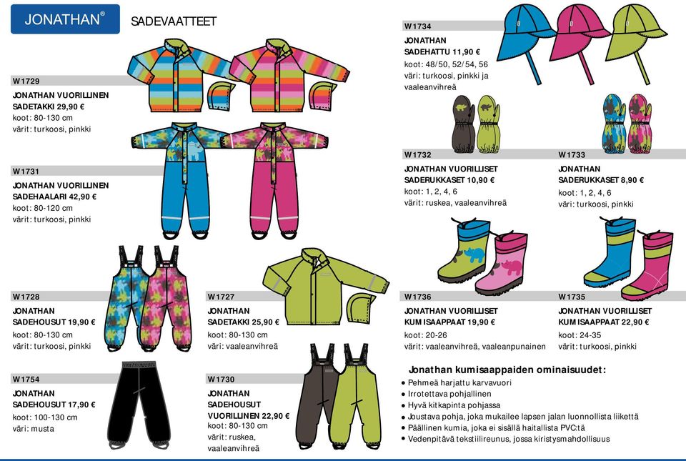 4, 6 väri: turkoosi, pinkki W1728 SADEHOUSUT 19,90 koot: 80-130 cm turkoosi, pinkki W1754 SADEHOUSUT 17,90 koot: 100-130 cm väri: musta W1727 SADETAKKI 25,90 koot: 80-130 cm väri: vaaleanvihreä W1730