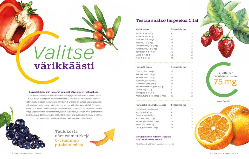 Tuoreet hedelmät ja marjat ovat hyviä C-vitamiinin lähteitä. C-vitamiini on vesiliukoinen vitamiini, joten sitä tulisi saada ruokavaliosta päivittäin.