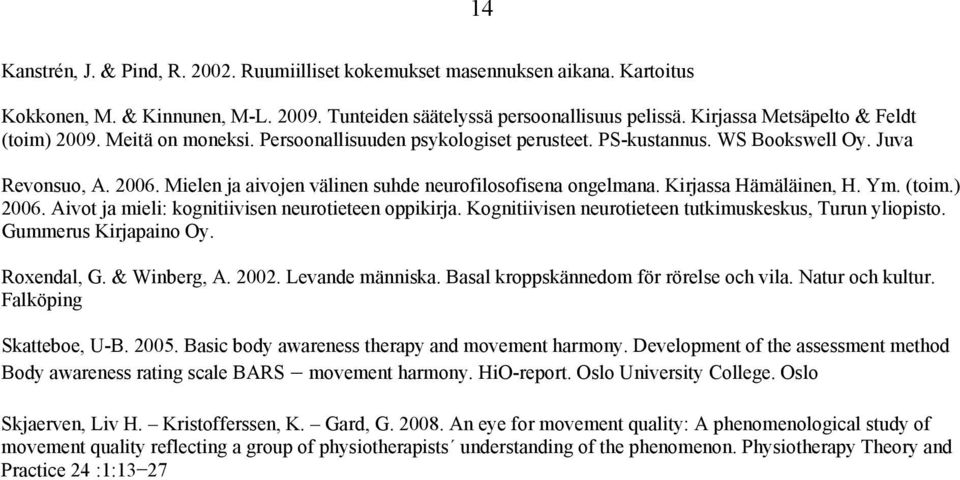 Mielen ja aivojen välinen suhde neurofilosofisena ongelmana. Kirjassa Hämäläinen, H. Ym. (toim.) 2006. Aivot ja mieli: kognitiivisen neurotieteen oppikirja.