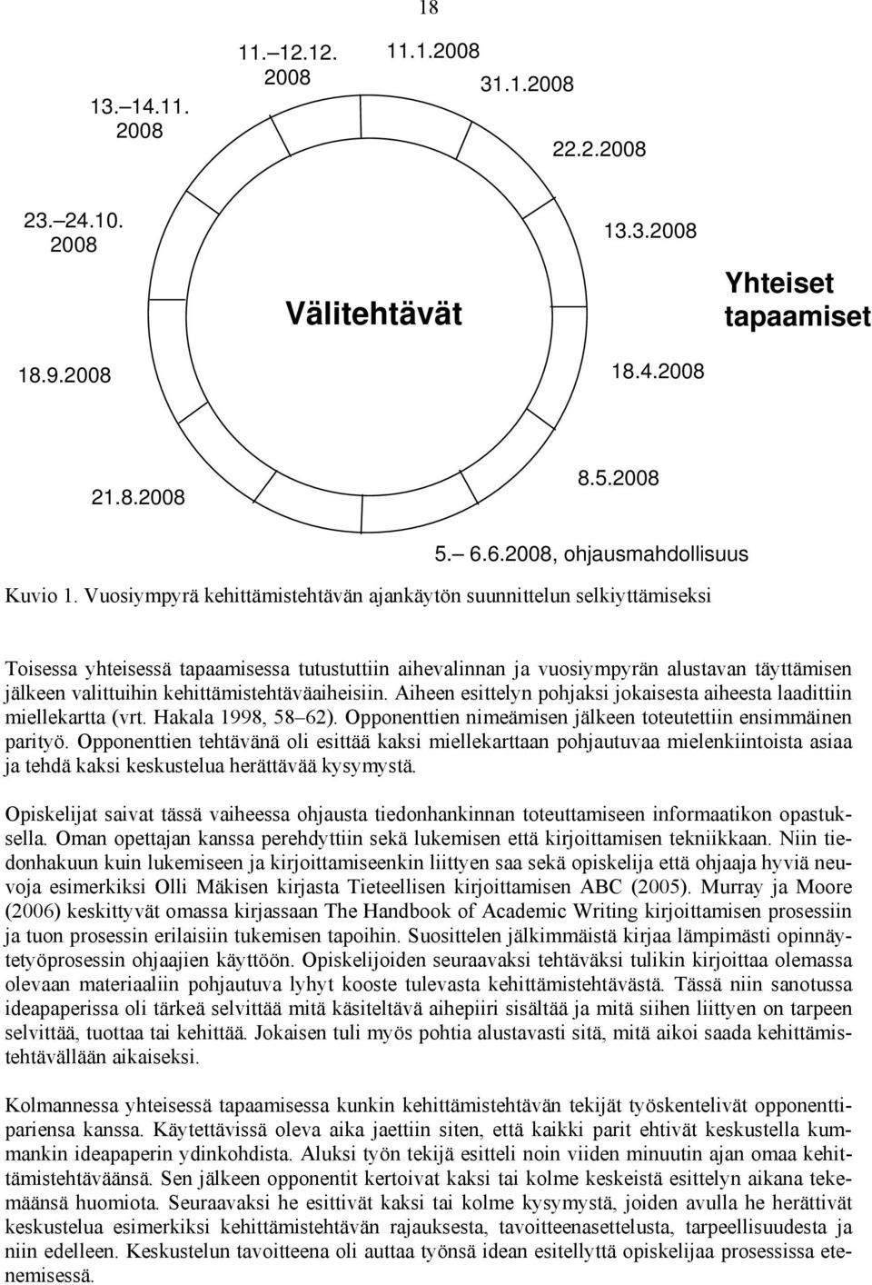 Vuosiympyrä kehittämistehtävän ajankäytön suunnittelun selkiyttämiseksi Toisessa yhteisessä tapaamisessa tutustuttiin aihevalinnan ja vuosiympyrän alustavan täyttämisen jälkeen valittuihin