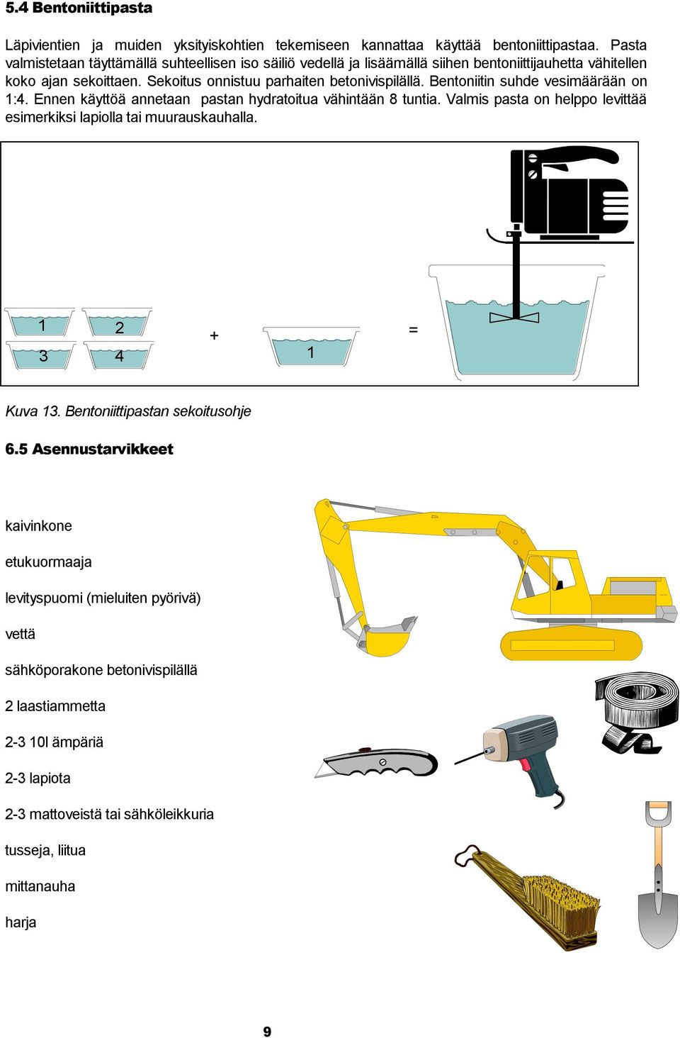 Bentoniitin suhde vesimäärään on 1:4. Ennen käyttöä annetaan pastan hydratoitua vähintään 8 tuntia. Valmis pasta on helppo levittää esimerkiksi lapiolla tai muurauskauhalla.