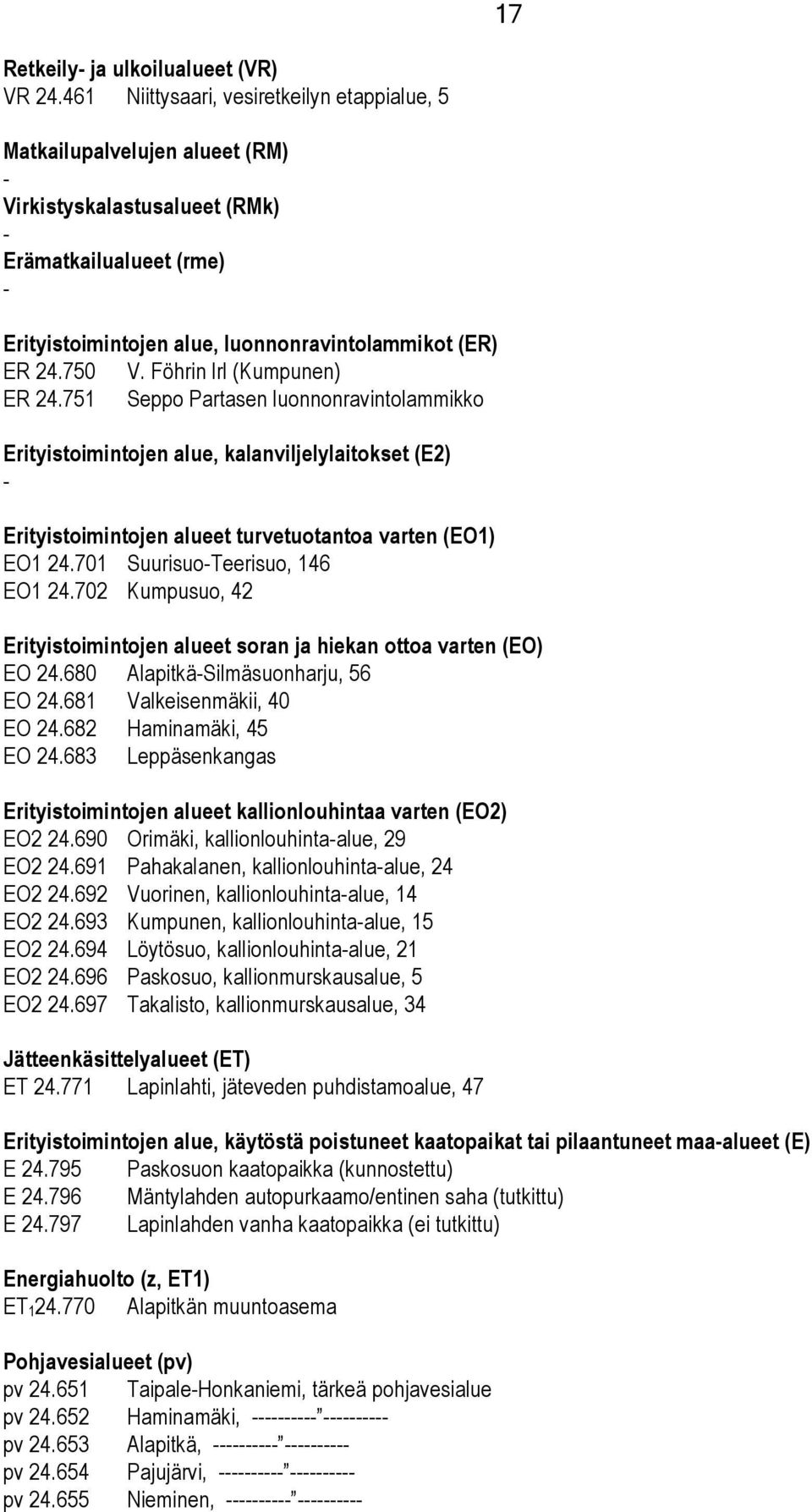 Föhrin lrl (Kumpunen) ER 24.751 Seppo Partasen luonnonravintolammikko Erityistoimintojen alue, kalanviljelylaitokset (E2) Erityistoimintojen alueet turvetuotantoa varten (EO1) EO1 24.