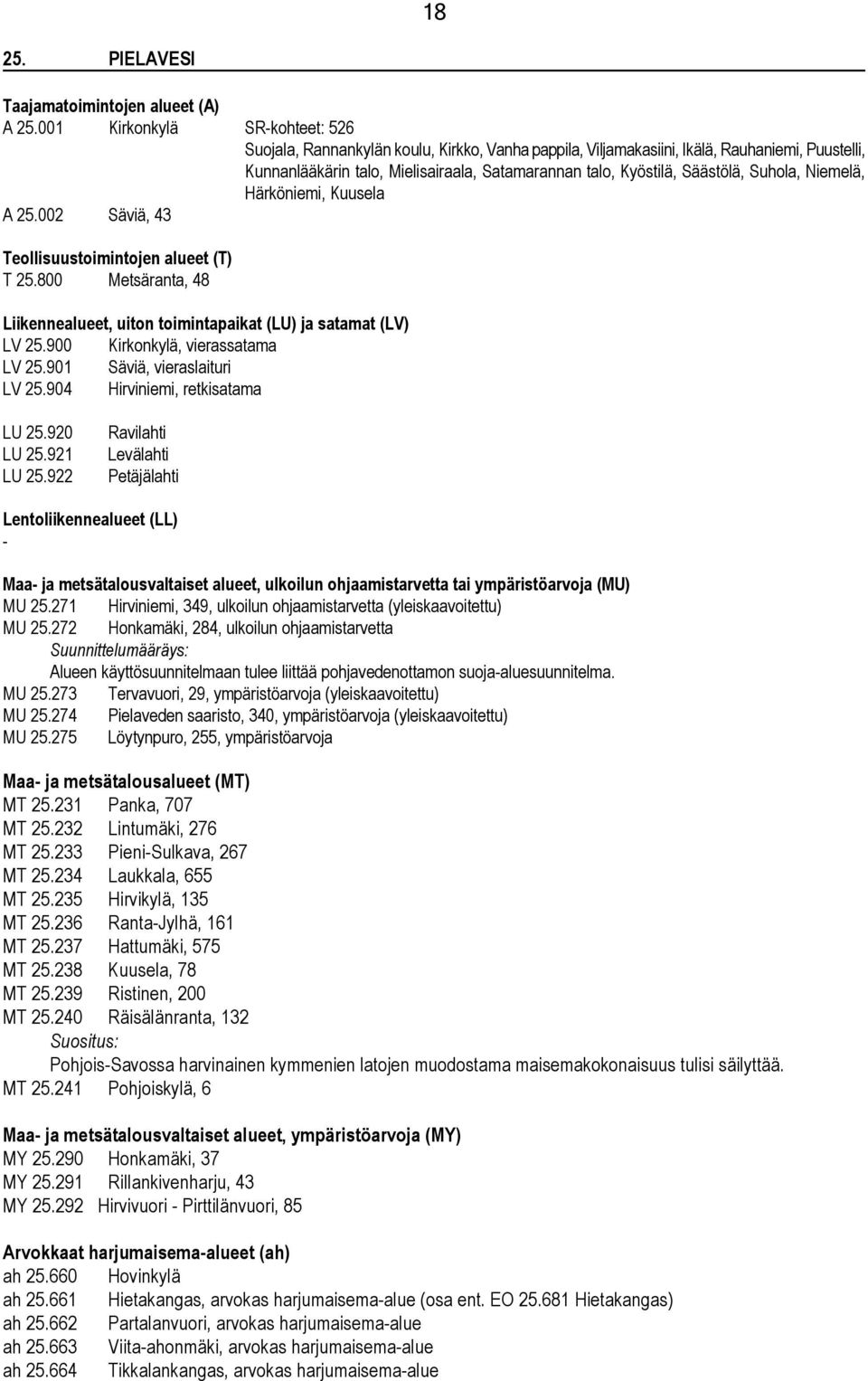 Säästölä, Suhola, Niemelä, Härköniemi, Kuusela A 25.002 Säviä, 43 Teollisuustoimintojen alueet (T) T 25.800 Metsäranta, 48 Liikennealueet, uiton toimintapaikat (LU) ja satamat (LV) LV 25.