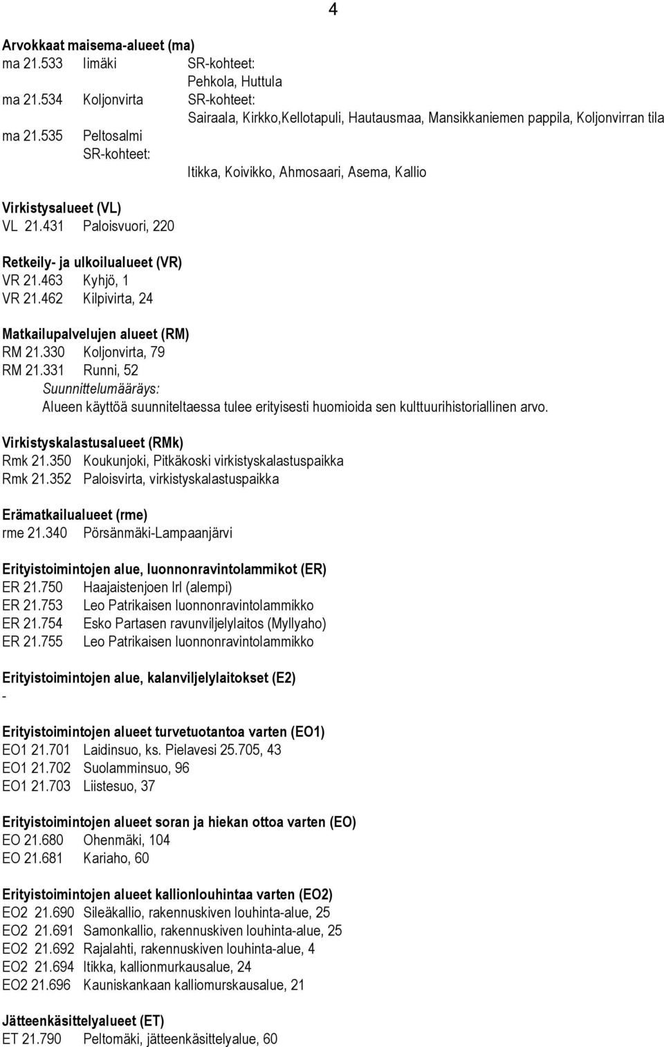 462 Kilpivirta, 24 4 Sairaala, Kirkko,Kellotapuli, Hautausmaa, Mansikkaniemen pappila, Koljonvirran tila Itikka, Koivikko, Ahmosaari, Asema, Kallio Matkailupalvelujen alueet (RM) RM 21.