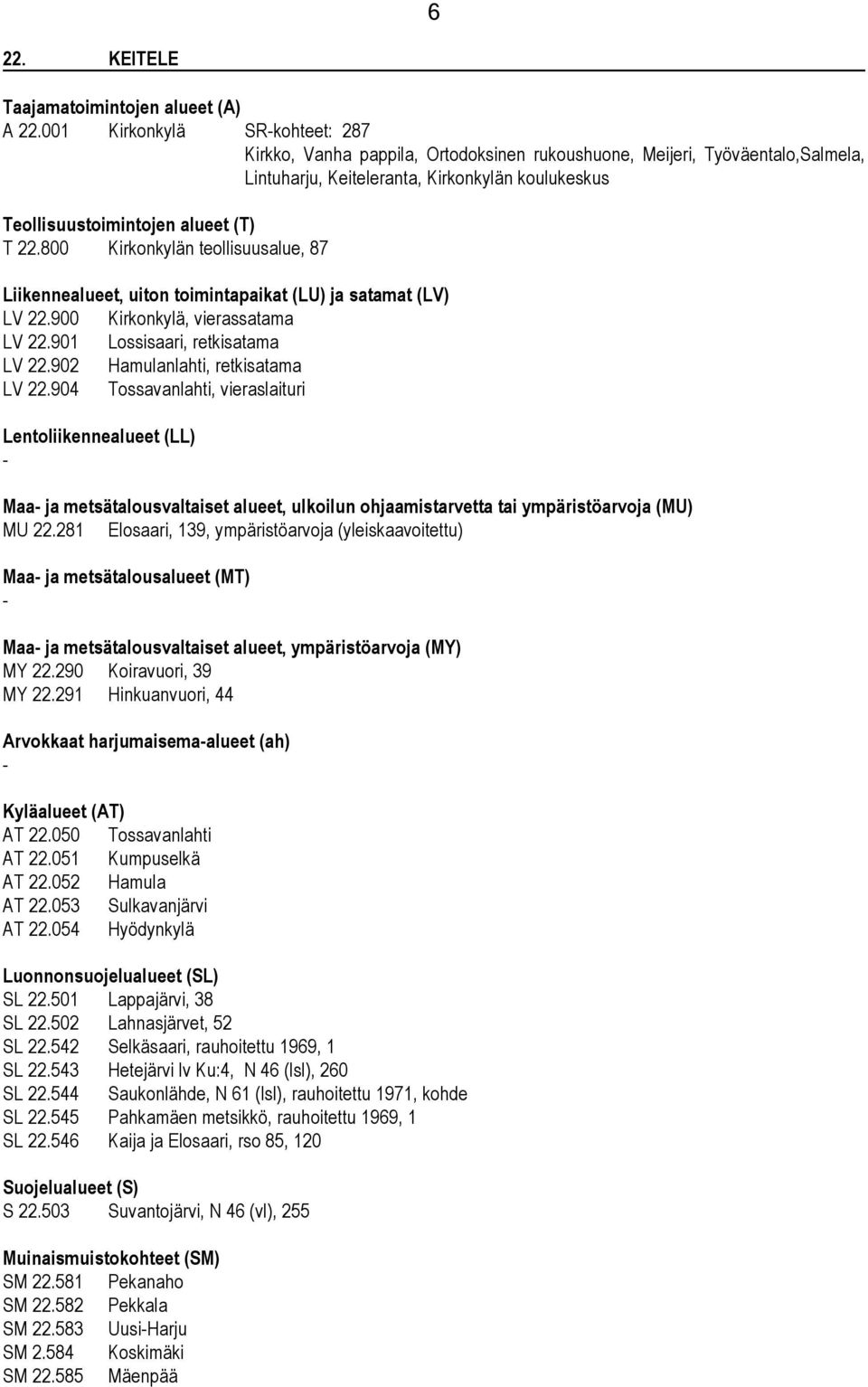 800 Kirkonkylän teollisuusalue, 87 Liikennealueet, uiton toimintapaikat (LU) ja satamat (LV) LV 22.900 Kirkonkylä, vierassatama LV 22.901 Lossisaari, retkisatama LV 22.
