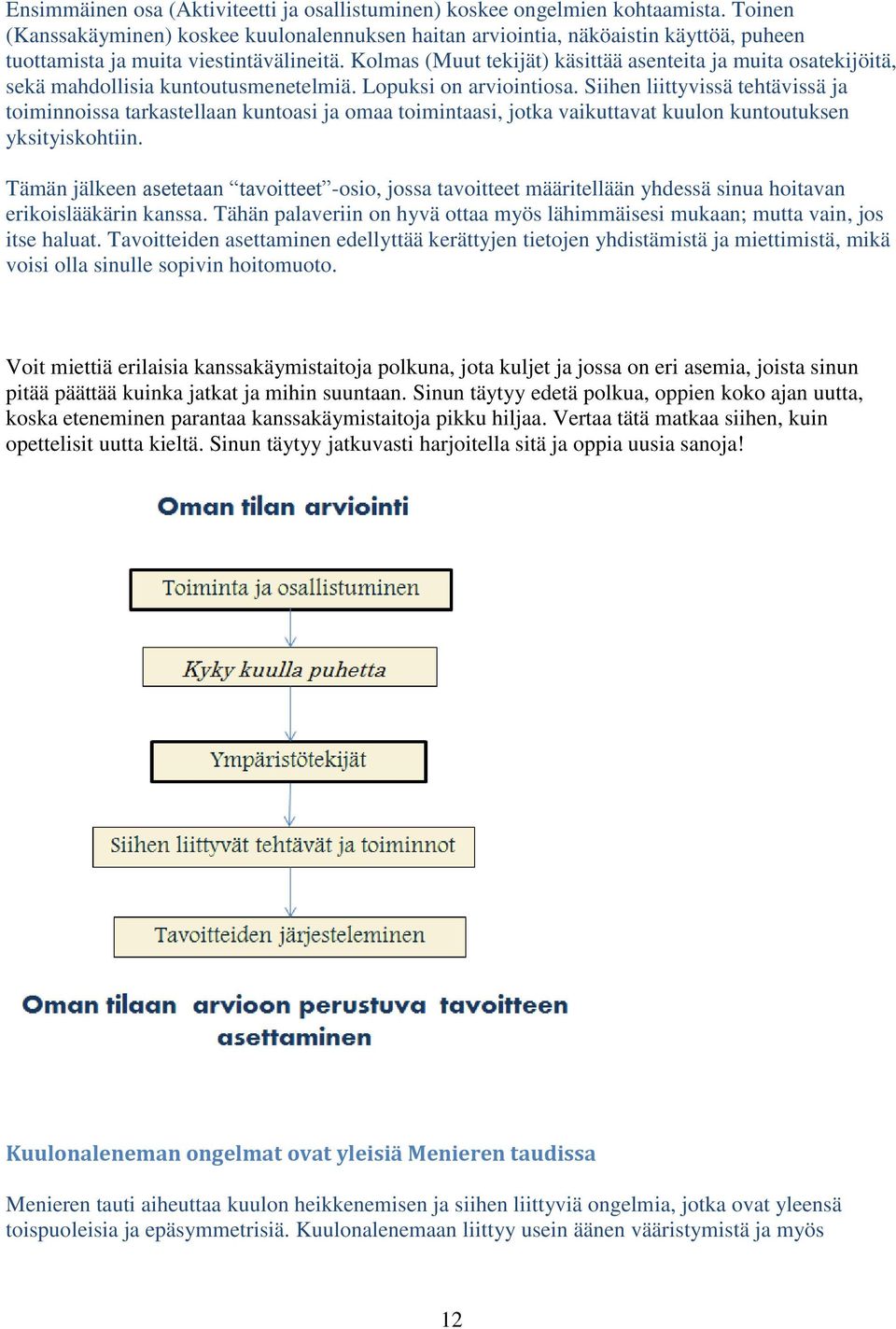 Kolmas (Muut tekijät) käsittää asenteita ja muita osatekijöitä, sekä mahdollisia kuntoutusmenetelmiä. Lopuksi on arviointiosa.