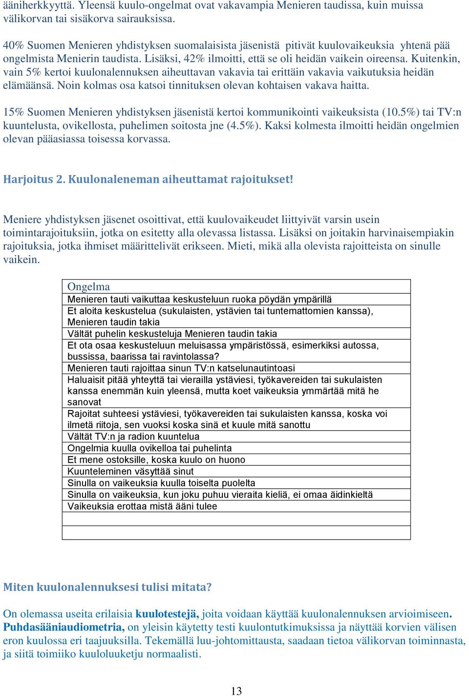 Kuitenkin, vain 5% kertoi kuulonalennuksen aiheuttavan vakavia tai erittäin vakavia vaikutuksia heidän elämäänsä. Noin kolmas osa katsoi tinnituksen olevan kohtaisen vakava haitta.