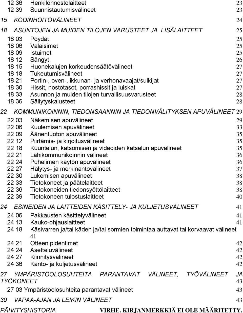 luiskat 27 18 33 Asunnon ja muiden tilojen turvallisuusvarusteet 28 18 36 Säilytyskalusteet 28 22 KOMMUNIKOINNIN, TIEDONSAANNIN JA TIEDONVÄLITYKSEN APUVÄLINEET 29 22 03 Näkemisen apuvälineet 29 22 06