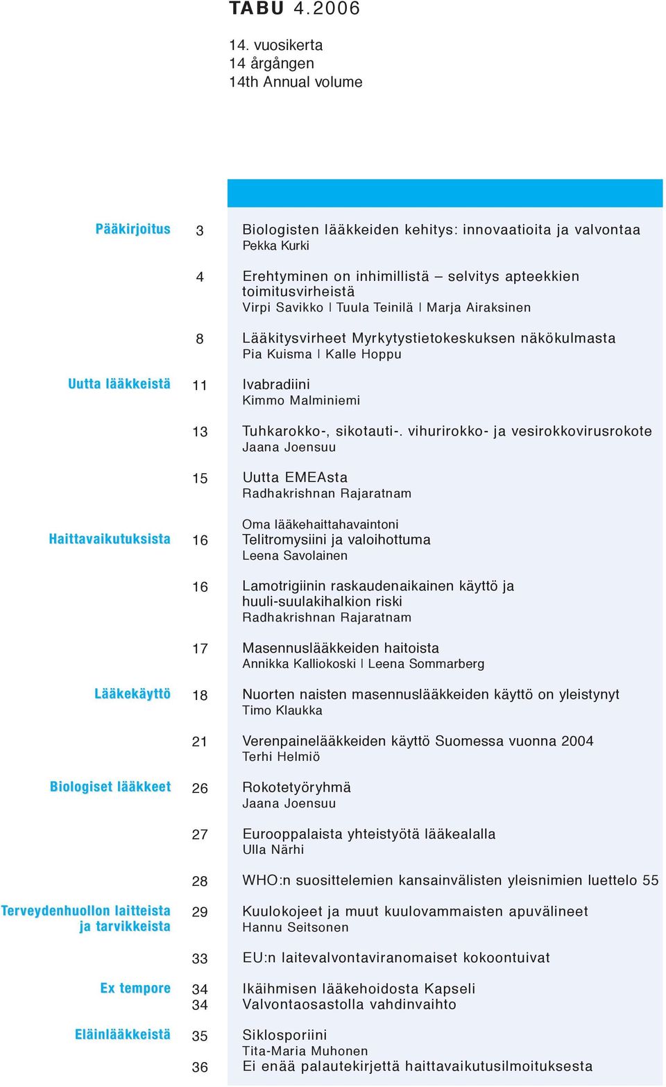 8 11 13 15 16 16 17 18 21 26 27 28 29 33 34 34 35 36 Biologisten lääkkeiden kehitys: innovaatioita ja valvontaa Pekka Kurki Erehtyminen on inhimillistä selvitys apteekkien toimitusvirheistä Virpi