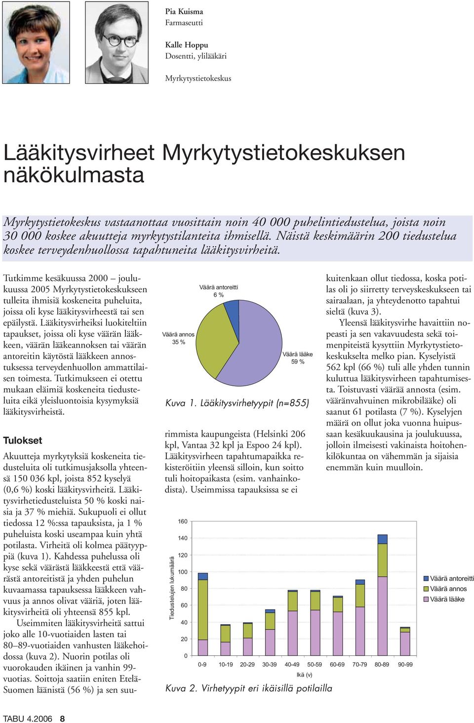 Tutkimme kesäkuussa 2000 joulukuussa 2005 Myrkytystietokeskukseen tulleita ihmisiä koskeneita puheluita, joissa oli kyse lääkitysvirheestä tai sen epäilystä.