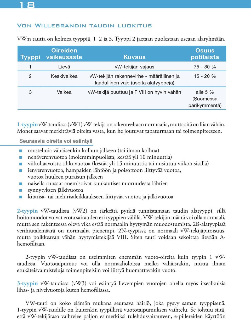vw-tekijä puuttuu ja F VIII on hyvin vähän alle 5 % (Suomessa parikymmentä) 1-tyypin vw-taudissa (vw1) vw-tekijä on rakenteeltaan normaalia, mutta sitä on liian vähän.