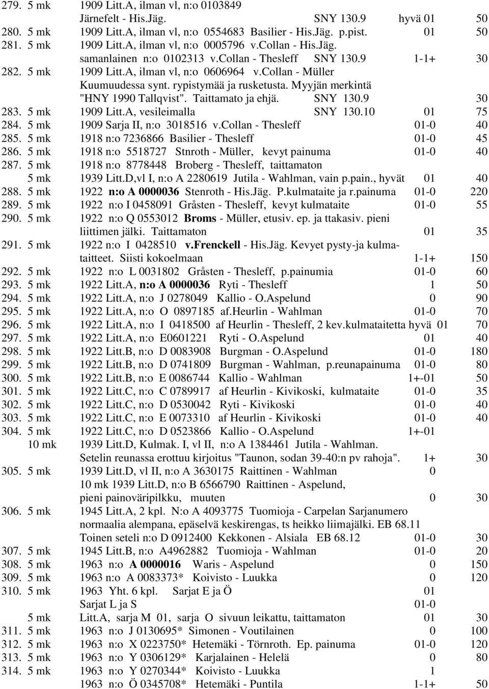 Myyjän merkintä "HNY 1990 Tallqvist". Taittamato ja ehjä. SNY 130.9 30 283. 5 mk 1909 Litt.A, vesileimalla SNY 130.10 01 75 284. 5 mk 1909 Sarja II, n:o 3018516 v.collan - Thesleff 01-0 40 285.