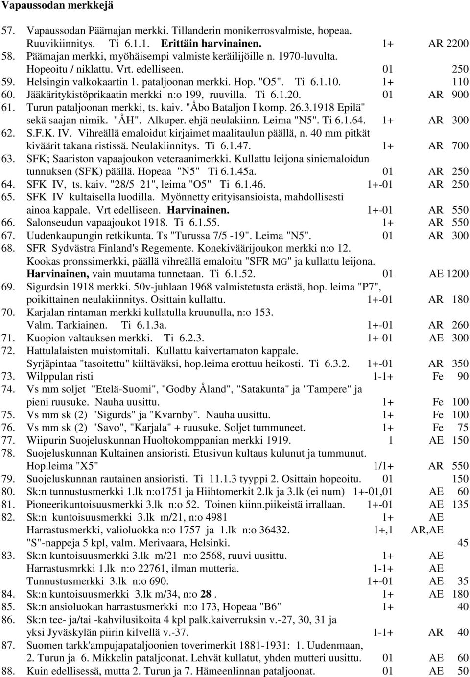 Jääkäritykistöprikaatin merkki n:o 199, ruuvilla. Ti 6.1.20. 01 AR 900 61. Turun pataljoonan merkki, ts. kaiv. "Åbo Bataljon I komp. 26.3.1918 Epilä" sekä saajan nimik. "ÅH". Alkuper. ehjä neulakiinn.