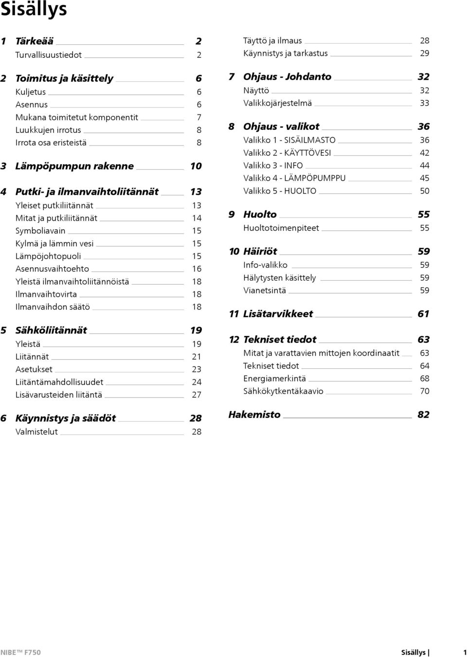 LÄMPÖPUMPPU 36 36 42 44 45 4 Putki- ja ilmanvaihtoliitännät 13 Valikko 5 - HUOLTO 50 Yleiset putkiliitännät Mitat ja putkiliitännät Symboliavain 13 14 15 9 Huolto Huoltotoimenpiteet 55 55 Kylmä ja