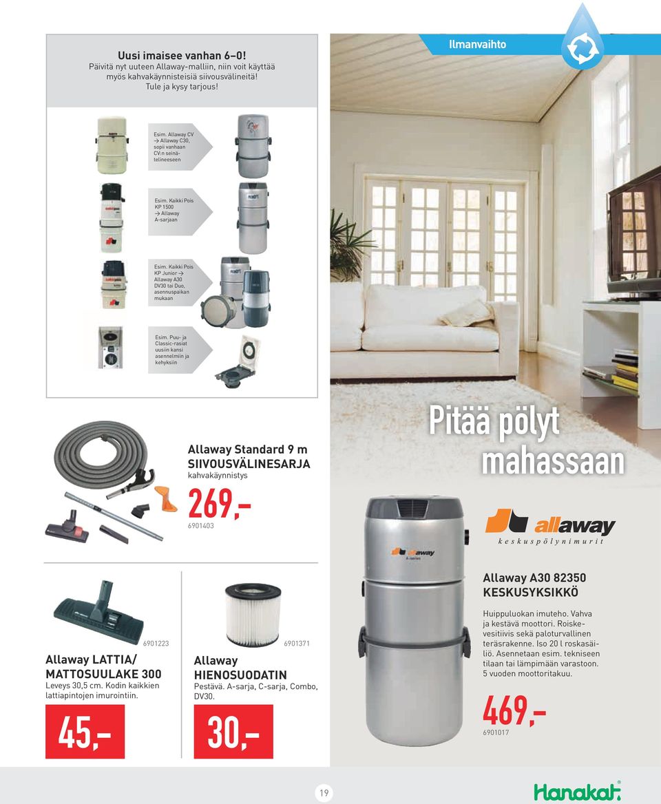 Puu- ja Classic-rasiat uusiin kansi asennelmiin ja kehyksiin Allaway Standard 9 m SIIVOUSVÄLINESARJA kahvakäynnistys 269,- 6901403 Pitää pölyt mahassaan 6901223 Allaway LATTIA/ MATTOSUULAKE 300