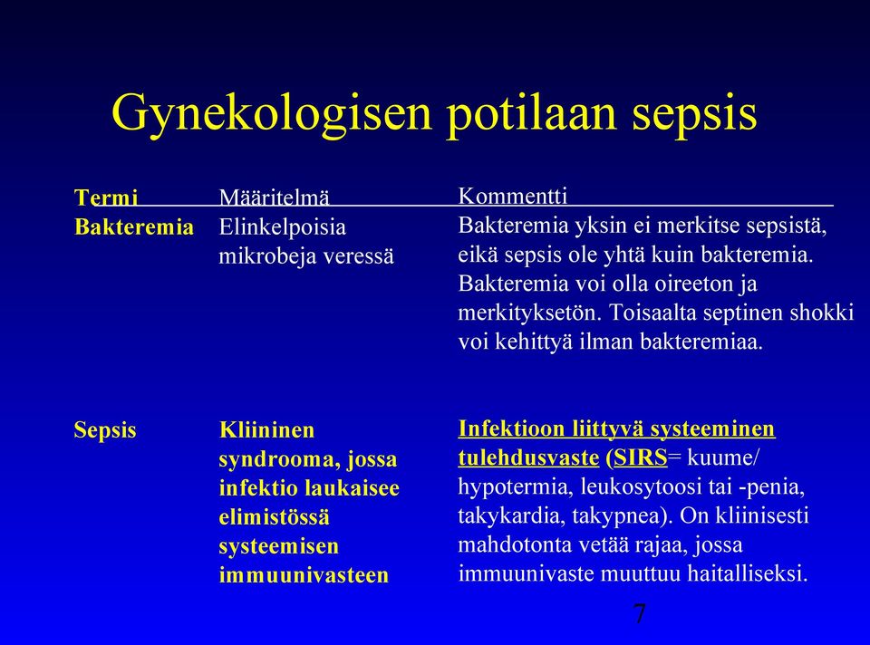 Sepsis Kliininen syndrooma, jossa infektio laukaisee elimistössä systeemisen immuunivasteen Infektioon liittyvä systeeminen tulehdusvaste