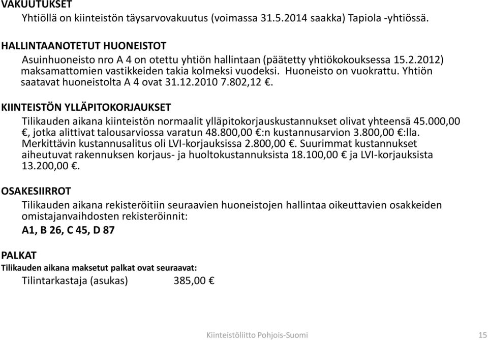 Yhtiön saatavat huoneistolta A 4 ovat 31.12.2010 7.802,12. KIINTEISTÖN YLLÄPITOKORJAUKSET Tilikauden aikana kiinteistön normaalit ylläpitokorjauskustannukset olivat yhteensä 45.