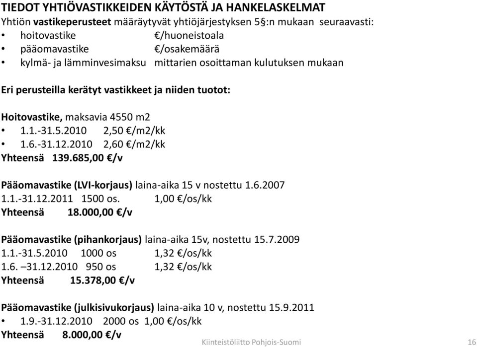 2010 2,60 /m2/kk Yhteensä 139.685,00 /v Pääomavastike (LVI-korjaus) laina-aika 15 v nostettu 1.6.2007 1.1.-31.12.2011 1500 os. 1,00 /os/kk Yhteensä 18.