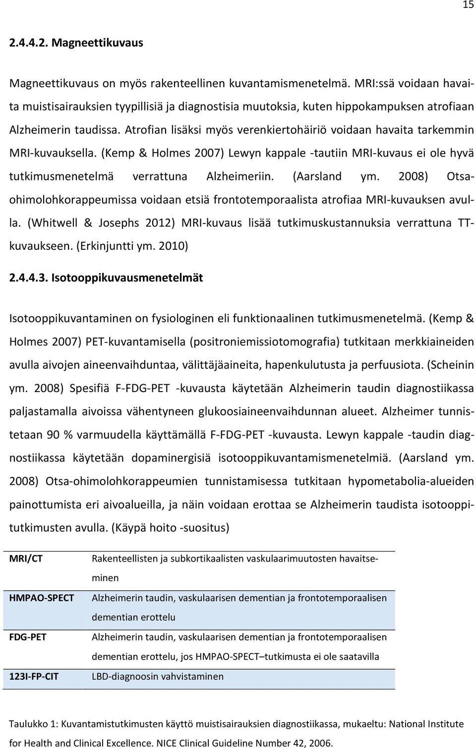 Atrofian lisäksi myös verenkiertohäiriö voidaan havaita tarkemmin MRI-kuvauksella. (Kemp & Holmes 2007) Lewyn kappale -tautiin MRI-kuvaus ei ole hyvä tutkimusmenetelmä verrattuna Alzheimeriin.