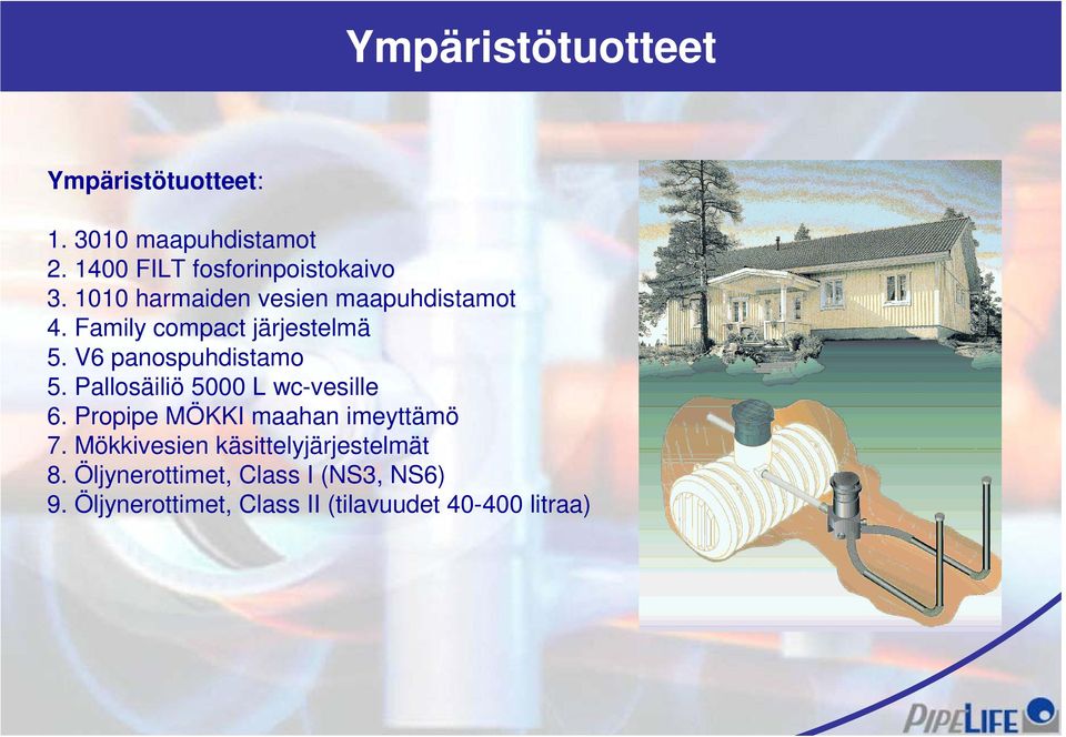 Pallosäiliö 5000 L wc-vesille 6. Propipe MÖKKI maahan imeyttämö 7.