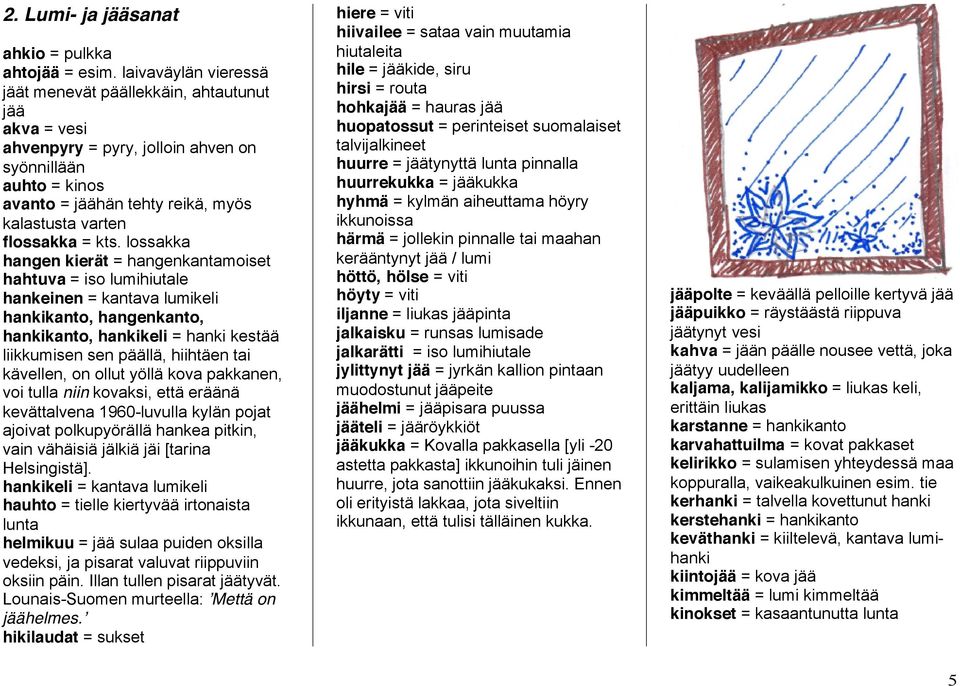 kts. lossakka hangen kierät = hangenkantamoiset hahtuva = iso lumihiutale hankeinen = kantava lumikeli hankikanto, hangenkanto, hankikanto, hankikeli = hanki kestää liikkumisen sen päällä, hiihtäen