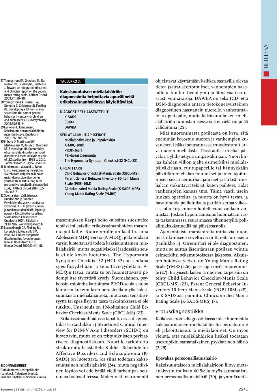 J Clin Psychiatry 2008;69:831 9. 29 Leinonen E, Kampman O. Kaksisuuntaisen mielialahäiriön monihäiriöisyys. Duodecim 2010;126:1785 92.