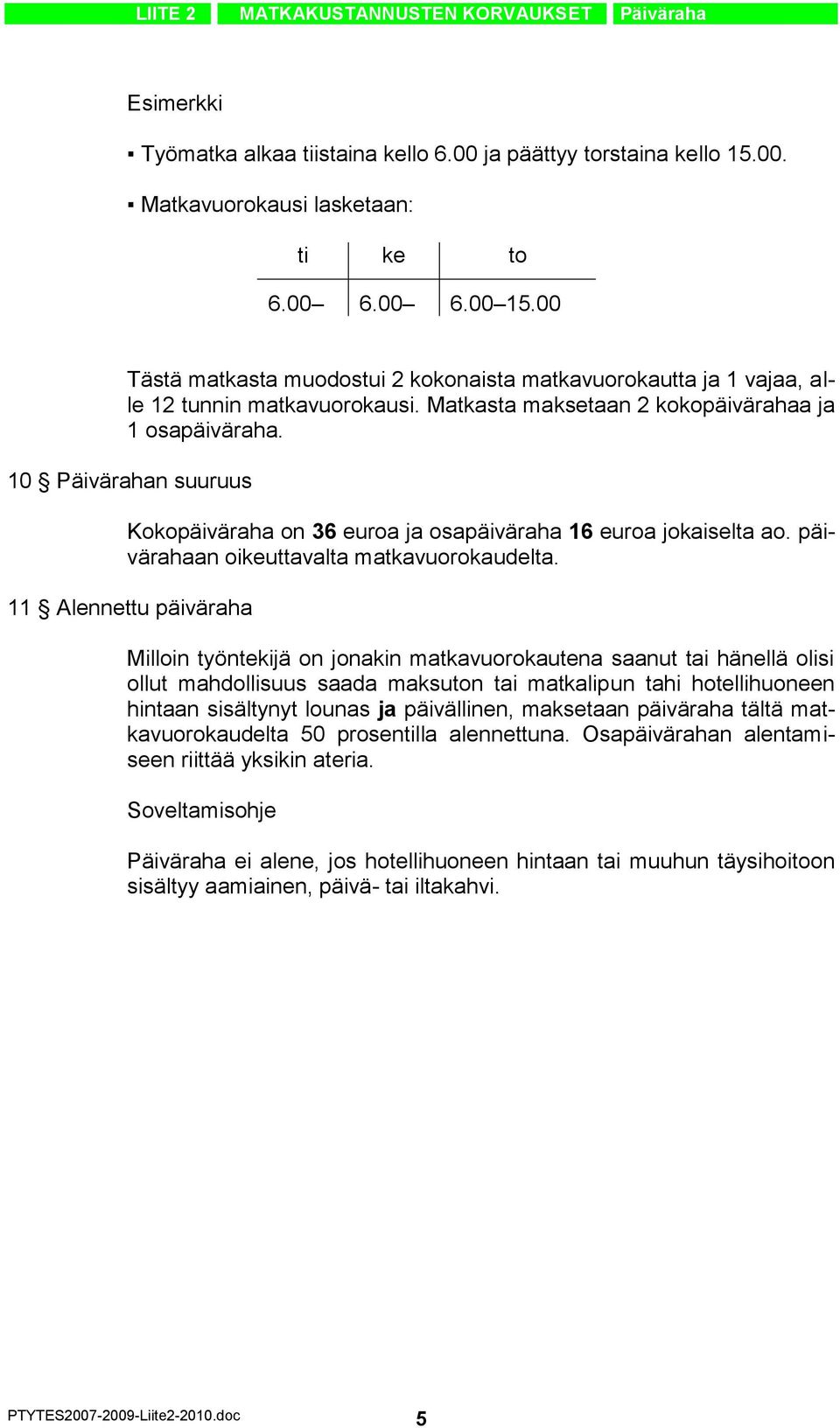 10 Päivärahan suuruus Kokopäiväraha on 36 euroa ja osapäiväraha 16 euroa jokaiselta ao. päivärahaan oikeuttavalta matkavuorokaudelta.