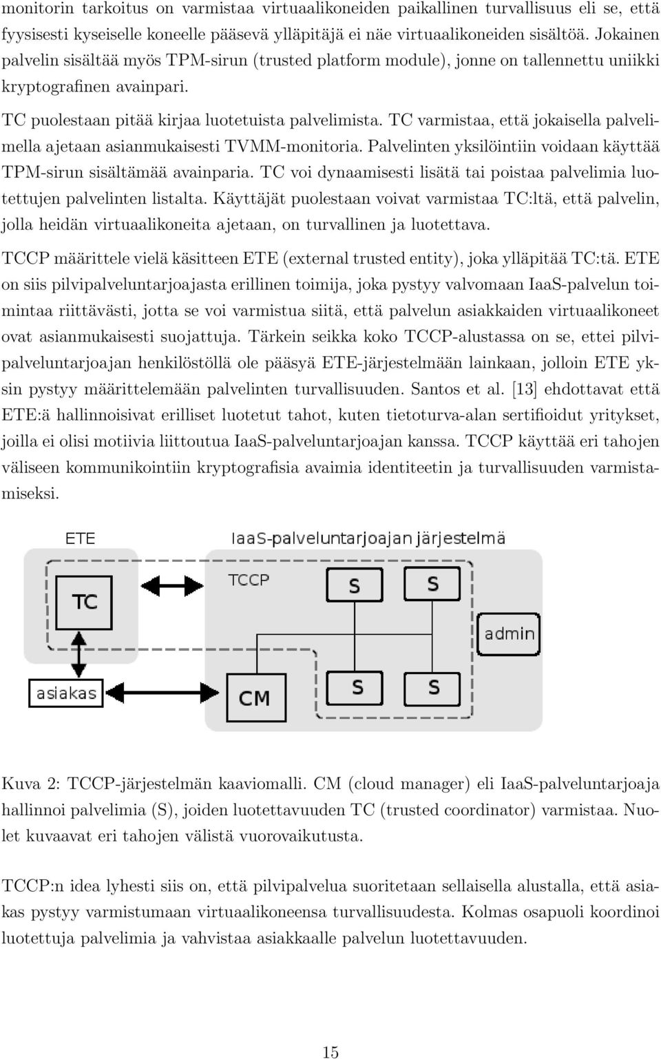 TC varmistaa, että jokaisella palvelimella ajetaan asianmukaisesti TVMM-monitoria. Palvelinten yksilöintiin voidaan käyttää TPM-sirun sisältämää avainparia.