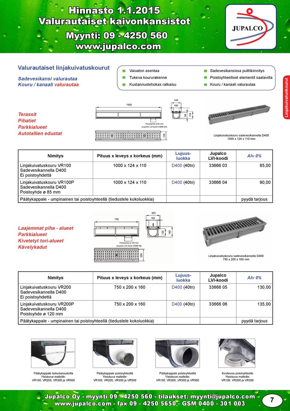 D400 1000 x 124 x 110 mm Linjakuivatuskourut Pituus x leveys x korkeus (mm) Linjakuivatuskouru VR100 1000 x 124 x 110 D400 (40tn) 33666 03 85,00 Sadevesikannella D400 Ei poistoyhdettä